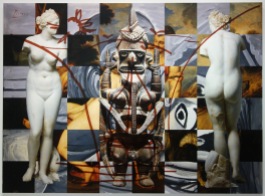 Jeff Koons - Antiquity (ULI) (huile sur toile - 2011) - dans ce collage pictural, Jeff Koons décompose ce que Picasso assemblait dans les Demoiselles d'Avignon. Il associe les images d'un Aphrodite romaine, d'une sculpture de Papouasie Nouvelle-Guinée et d'une version de Vénus et Adonis de Titien, le tout recouvrant un Baiser de Pablo Picasso.