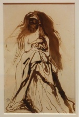 Femme masquée retenant son manteau - Victor Hugo - plume et lavis d'encre brune sur crayon de graphite, papier velin